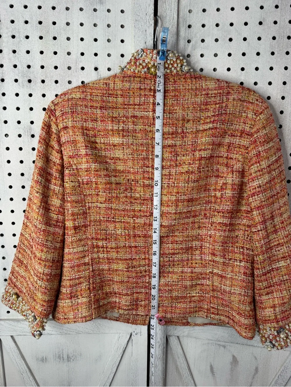 Chico’s Beaded Tweed Jacket Peach Orange Boucle Career Chic SZ 1 Classic Preppy